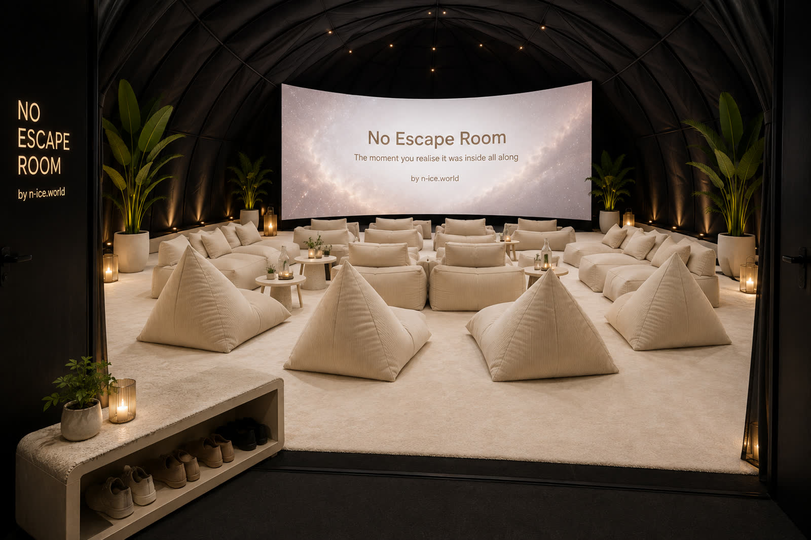 No Escape Room in een vergaderzaal met witte beanbags, dekens en dome inrichting