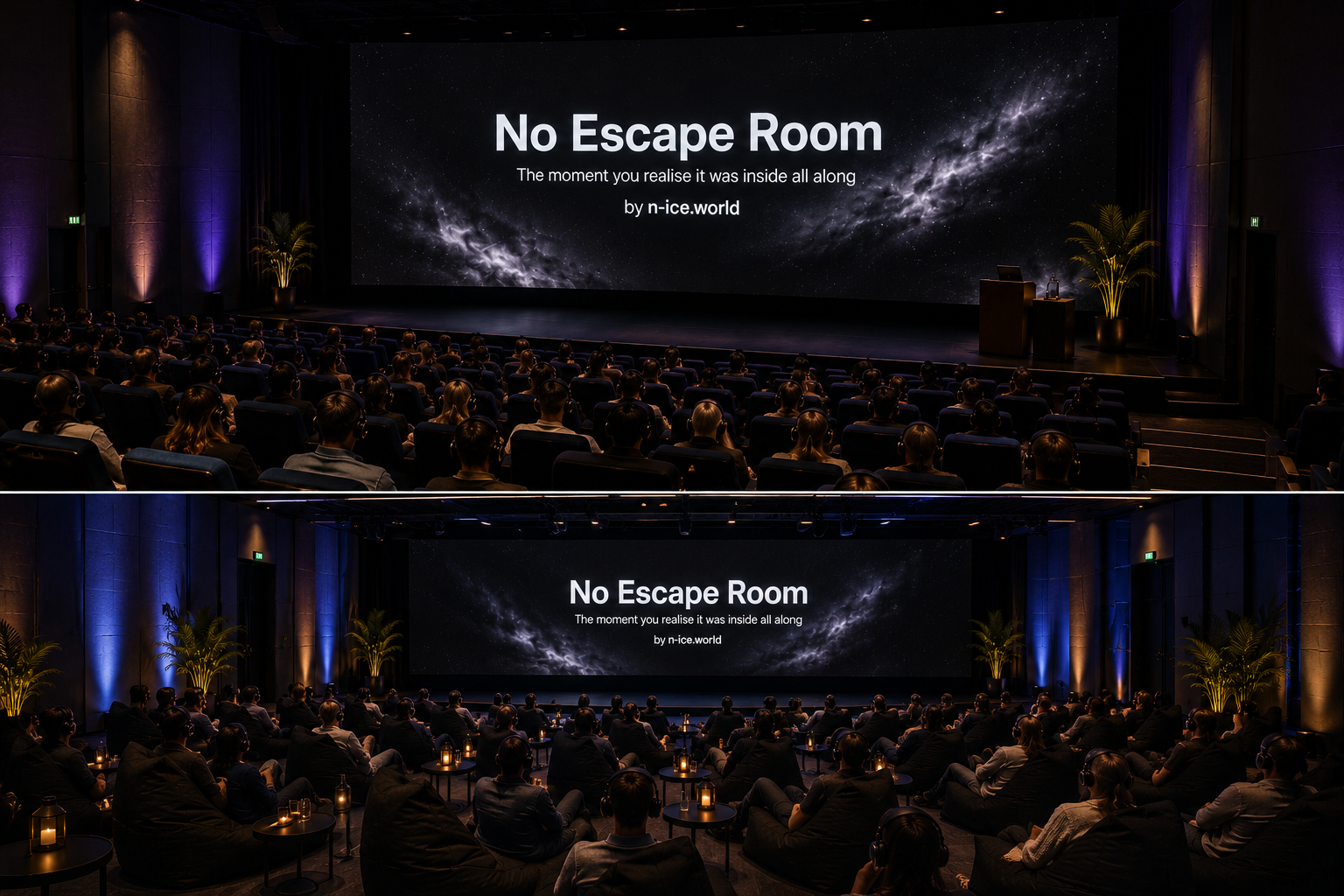 No Escape Room in een auditorium met deelnemers met headsets en een groot scherm