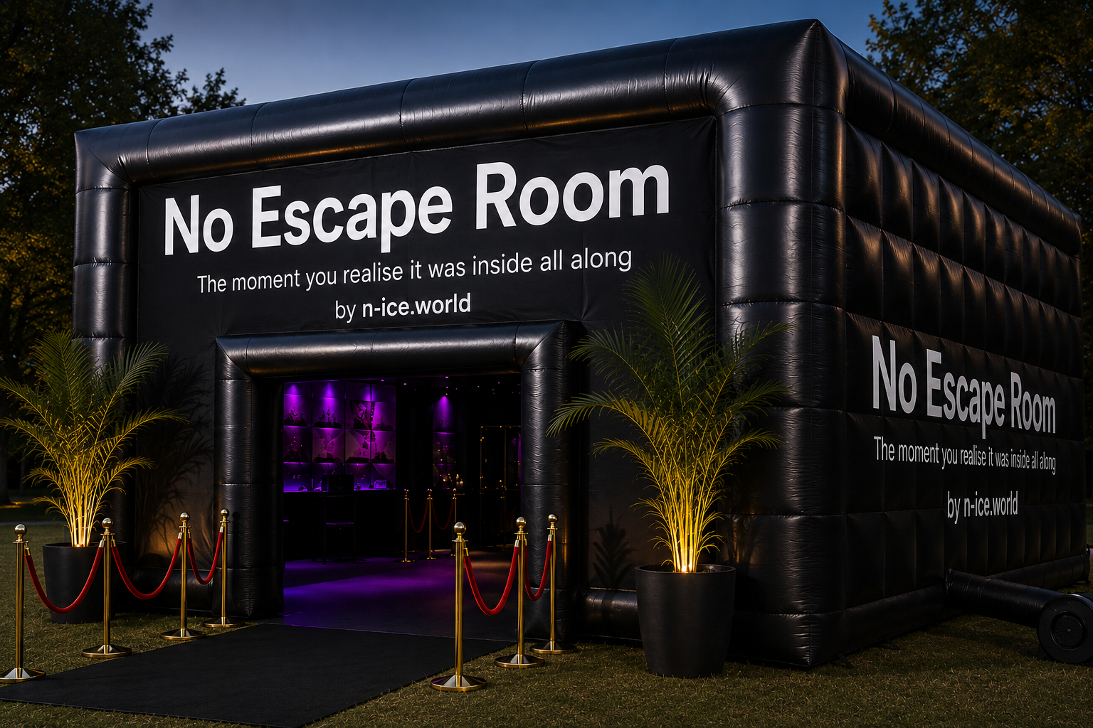 No Escape Room Dome, matzwarte opblaasbare kubus met paarse gloed, rode loper en palmen