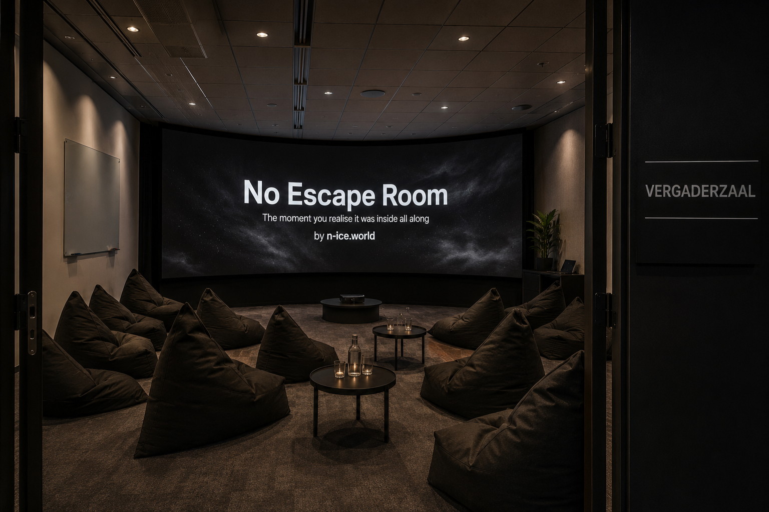 No Escape Room in een vergaderzaal met zitzakken en curved LED-scherm